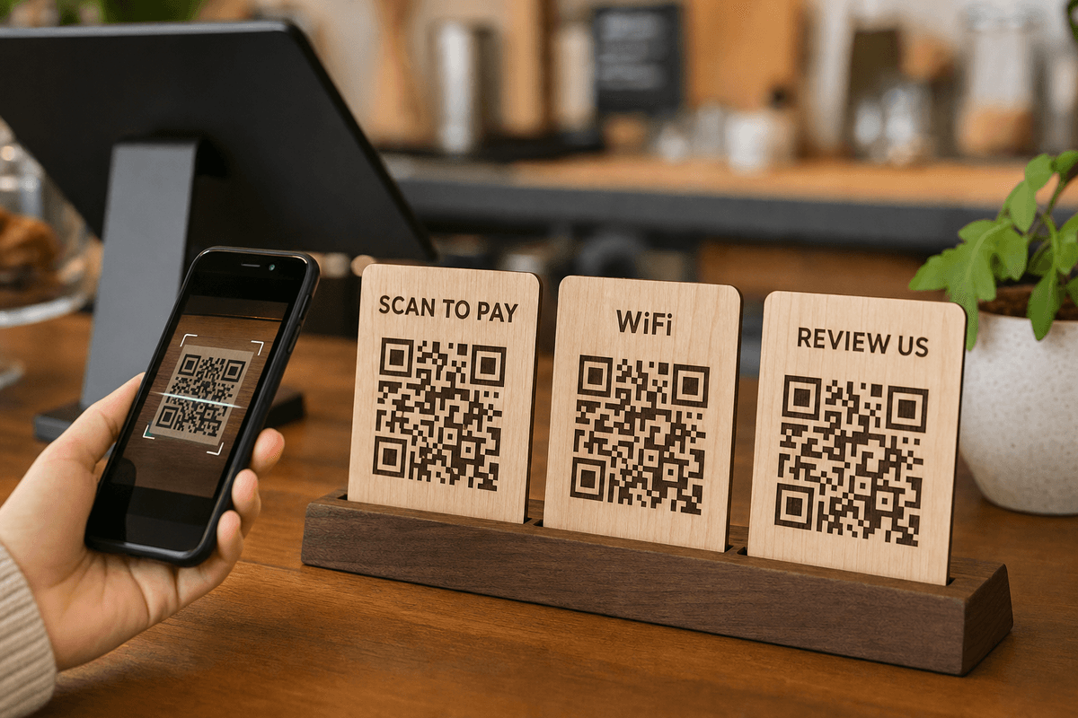 QR countertop display kit with three engraved Baltic birch QR signs and hardwood base